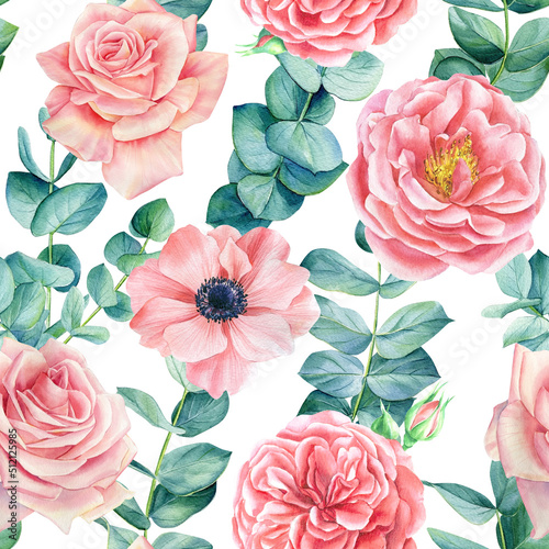 Fotografiet Seamless pattern of eucalyptus leaves, rose, anemone flower on an isolated background