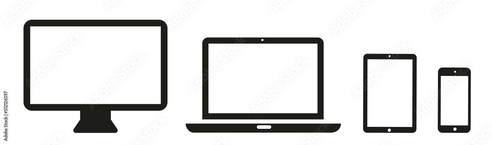 Device icons set. Smartphone, tablet, laptop, desktop computer symbol. Flat style icon - stock vector. Device icons set. Smartphone, tablet, laptop, desktop computer symbol. Flat style icon - stock vector.
