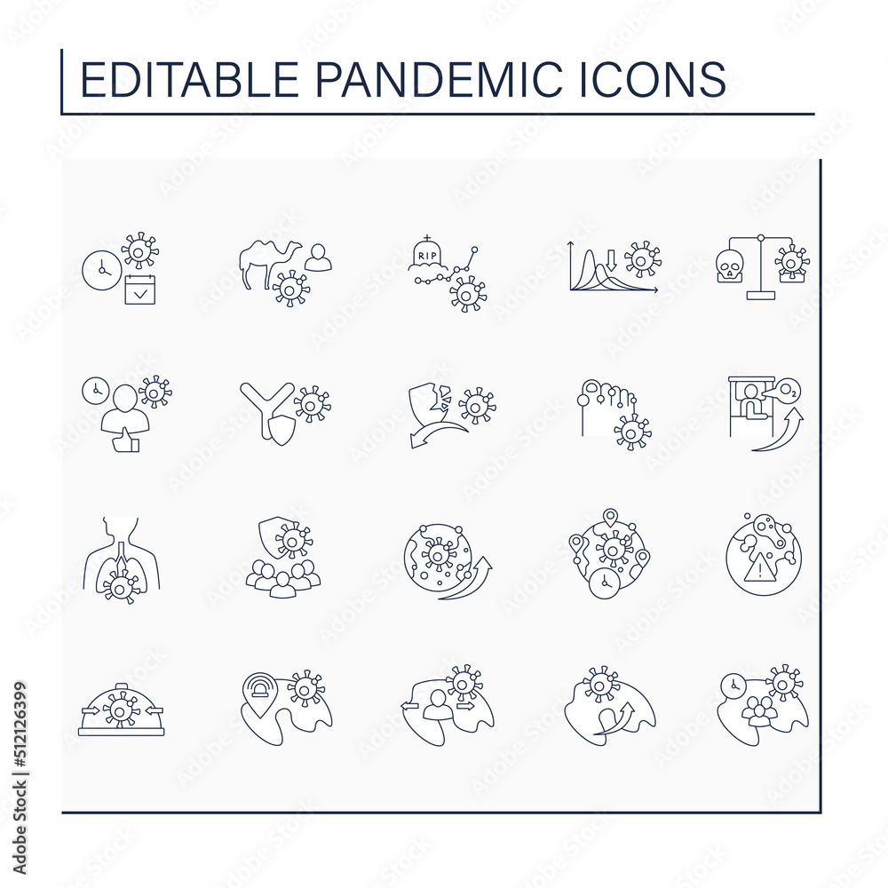 Pandemic line icons set. Worldwide covid19 spread. Global problem. Disease concept. Isolated vector illustrations. Editable stroke