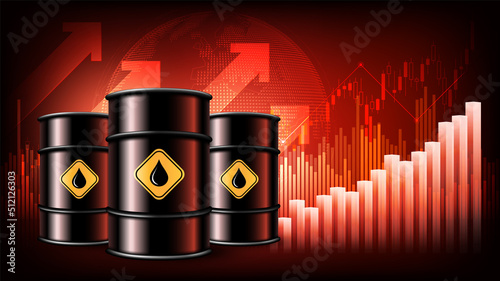 Oil price rising concept Oil barrels on a growth chart background. Investment market and trade arrows up, vector illustration