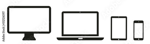 Device icons set. Smartphone, tablet, laptop, desktop computer symbol. Flat style icon - stock vector.