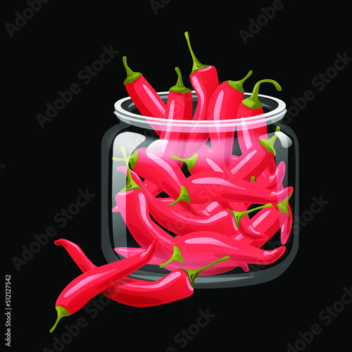 Vector illustration of a handful of chili peppers in a glass jar. Realistic graphics on a black isolated background for any composition, background, banner or sticker. Your taste of aromatic spices