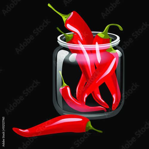 Vector illustration of a handful of chili peppers in a glass jar. Realistic graphics on a black isolated background for any composition, background, banner or sticker. Your taste of aromatic spices