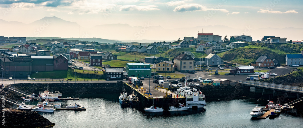 Panorama of the colorful town and harbor of Stykkisholmur, Snaefellsness peninsula, Iceland