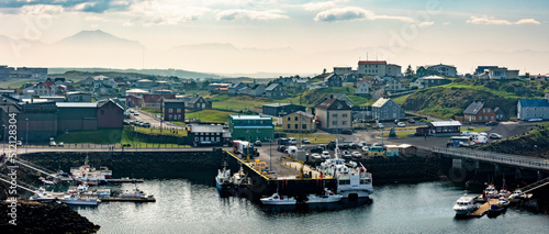 Panorama of the colorful town and harbor of Stykkisholmur, Snaefellsness peninsula, Iceland
