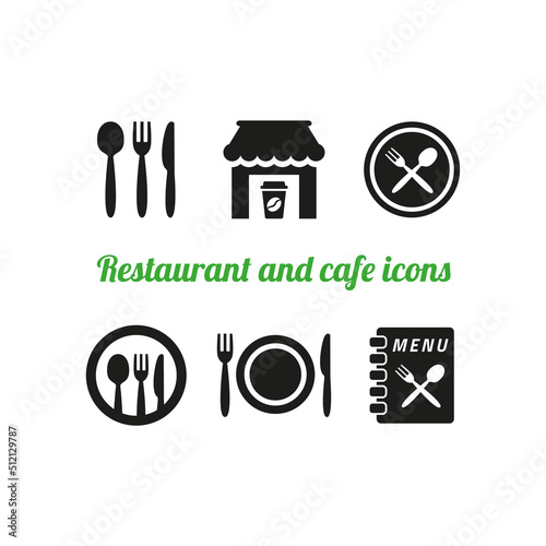 Restaurant and cafe icons set on white background.