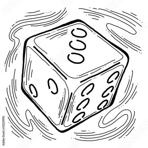 Game dice to try your luck, fortune. Risky funny activity, casino, bet, gambling, addiction, win or lose. Hand drawing retro vintage illustration. Old style black line drawing.