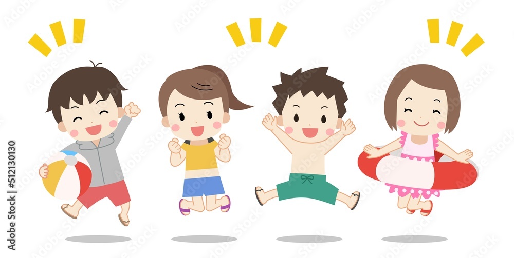 夏・水着を着た子供たちのイラスト　線なし