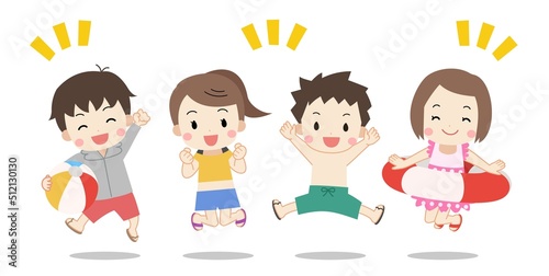 夏・水着を着た子供たちのイラスト　線なし