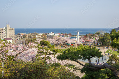 Hakodate,Hokkaido,Japan on April 29,2018: Panoramic view as seen from Meiji-Yama Artificial Mountain in Hakodate Park in spring