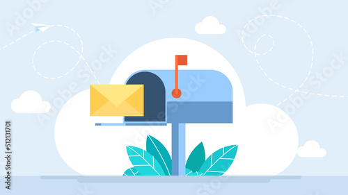 Mail box with letter in envelope. Letterbox. Business correspondence, subscription. Inbox mail and mailbox. New message, communication. Open post box. Post service. Flat design. Vector illustration