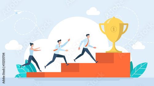 Team running to the top. Business people running upstairs towards the goal. Motivation to achieve goal, reward or prize to motivate employee to succeed in work. Winning concept. Vector illustration