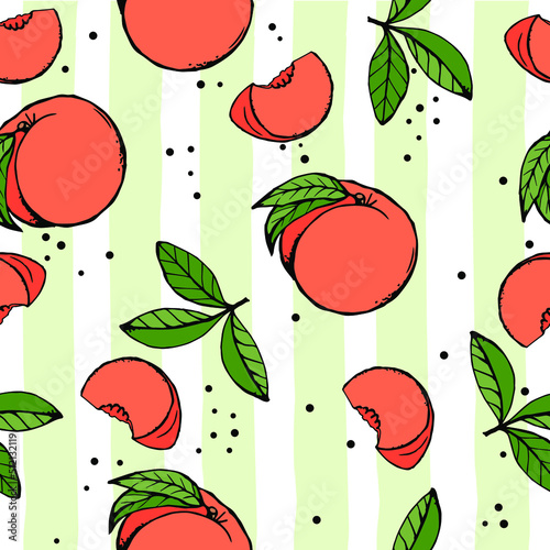 Seamless pattern with peach, slices, green leaves on a striped background. Summer vibes. Vector texture for textile, postcard, wrapping paper, packaging etc. Vector illustration.