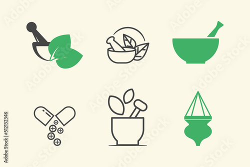 Ayurveda or alternative medicine concept. Flat style outline icon set. Isolated. 