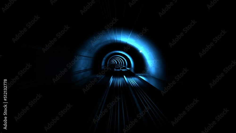 The train rides in subway. Driving through the illuminated tunnel. Underground.