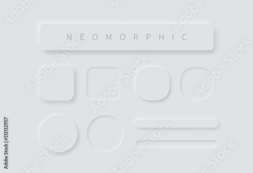 Set of vector buttons in neomorphism style. Soft design elements for UI. White neomorphic buttons for apps, webs, interfaces. photo