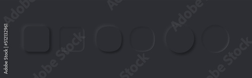 Set of dark vector buttons in neomorphism style. Black soft design elements for UI. Neomorphic buttons for apps, webs, interfaces.