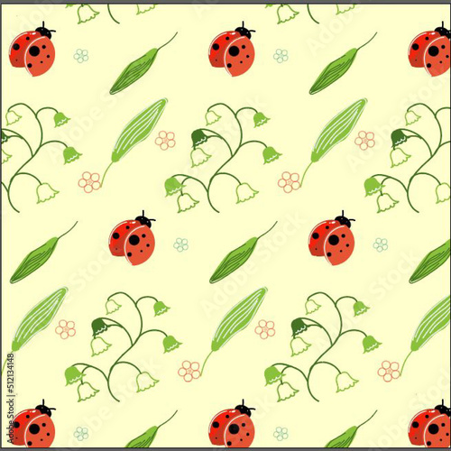 Spring pattern with ladybug and lily of the valley