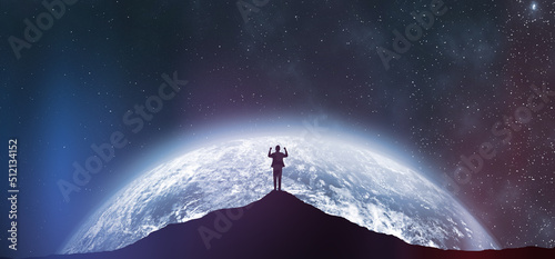 Silhouette Businessman Standing Against Illuminated Globe At Night. Business Opportunity Concept. Male against planet Earth. Digital Composite Image