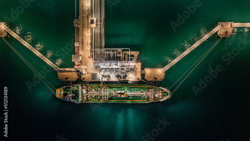 Aerial top view oil tanker ship at terminal industrial port at night for transfer crude oil to oil refinery, Business import export oil and gas petrochemical.