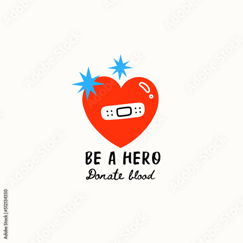 Heart with bandage. Hand drawn colorful Vector illustration. Blood donation, Health Care concept. World Blood Donor Day. Trendy digital art. Isolated icon. Poster, print, logo, card template
