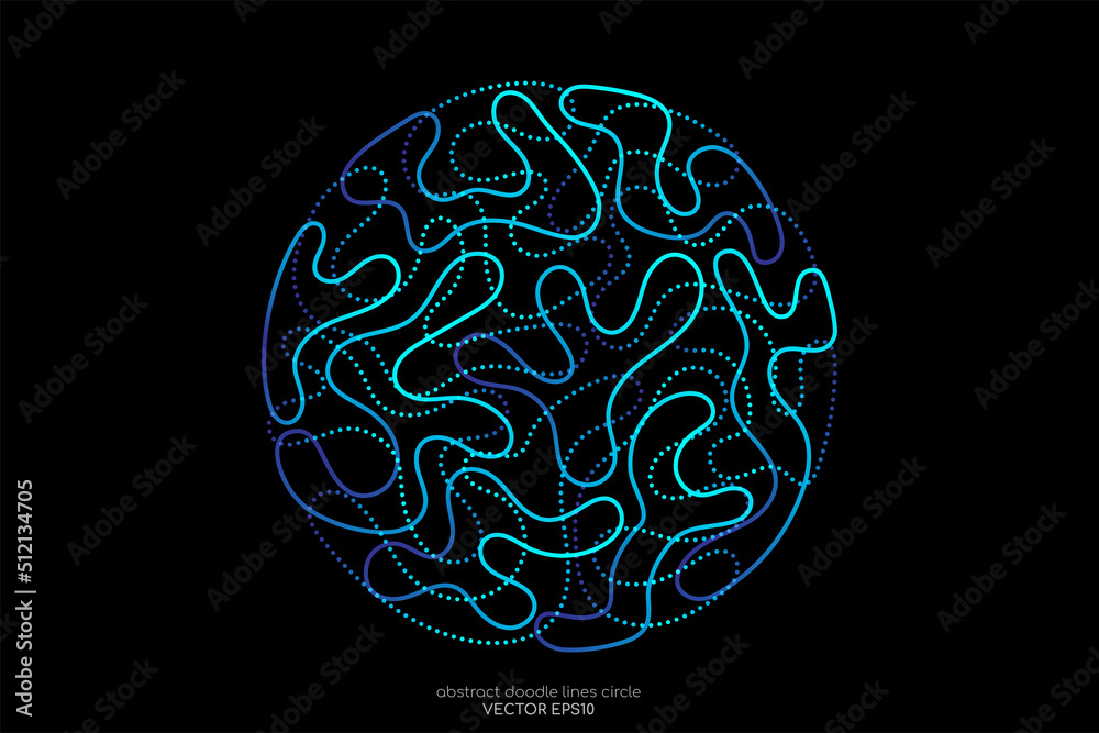 Abstract doodle line in circle shape by blue green light line like brain. Vector illustration in concept of creative, brain, A.I. technology. Abstract doodle line in circle shape by blue green light line like brain. Vector illustration in concept of creative, brain, A.I. technology.