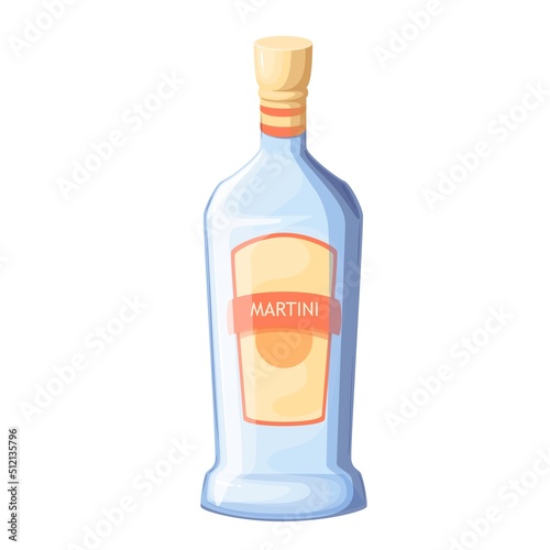 Bottle martini, cool alcohol drink for cocktail party in restaurant vector illustration. Cartoon isolated martini bottle with cap and gold label