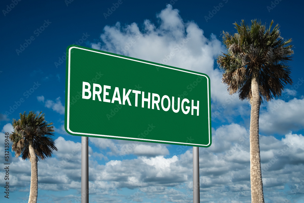 Highway sign with the word Breakthrough on a beautiful blue sky background with palm trees. Motivational concept for finding what we want on the journey of life. Highway sign with the word Breakthrough on a beautiful blue sky background with palm trees. Motivational concept for finding what we want on the journey of life.