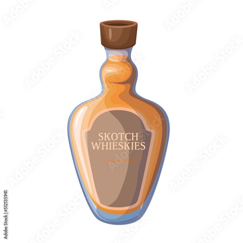 Scotch whisky in bottle, cold golden Scottish alcohol drink vector illustration. Cartoon isolated old yellow whiskey beverage from bar menu