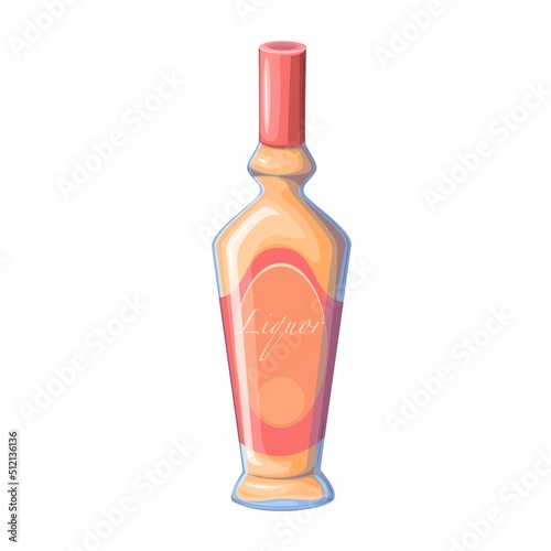 Bottle with liquor, strong alcohol drink for tasting in bar vector illustration. Cartoon bottle with label and premium liqueur beverage, isolated goblet with strong alcoholic liquid