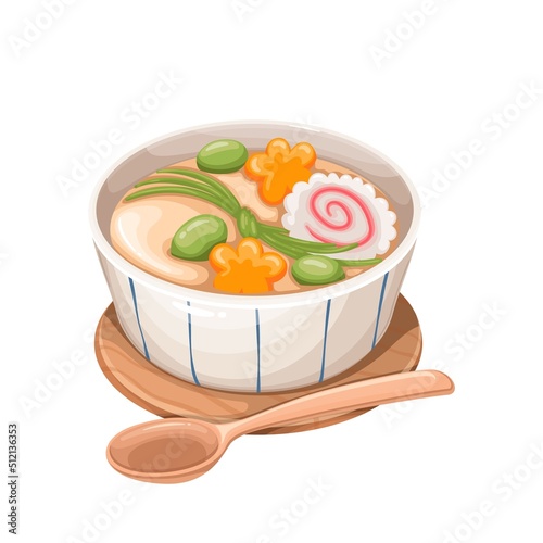 Chawanmushi, Japanese cuisine vector illustration. Cartoon steamed food from savoury egg custard dish with ginkgo seeds, isolated tea bowl on plate with spoon, meal from Japan restaurant menu