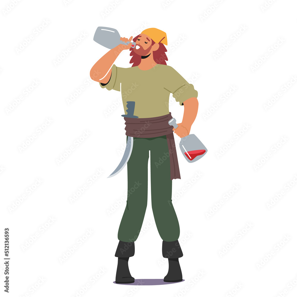 Pirate Drinking Rum Isolated on White Background. Robber Wear Costume and Bandana, Buccaneer Male Character with Saber Pirate Drinking Rum Isolated on White Background. Robber Wear Costume and Bandana, Buccaneer Male Character with Saber