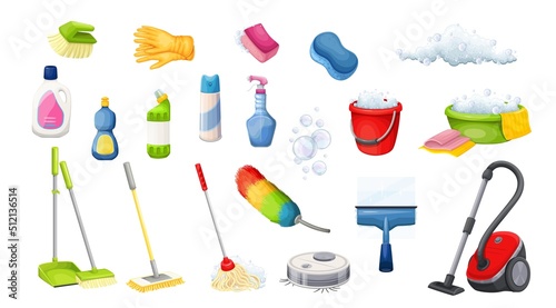 Household cleaning products, equipment and tools for cleanup set vector illustration. Cartoon isolated bottles with detergent, broom and squeegee to clean house, sponge and gloves for housekeeper