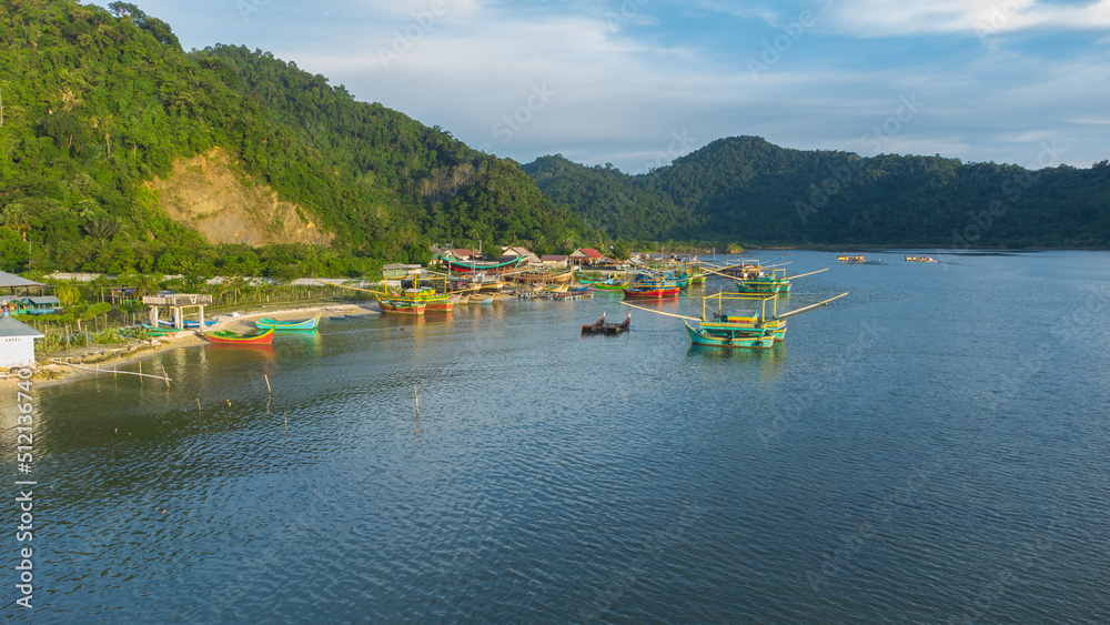 Aerial view of the fishing port in Lhok Seudu village, Aceh, Indonesia.