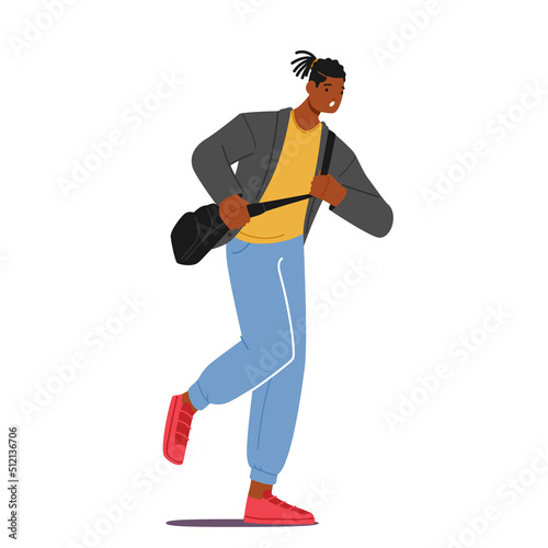 Student Character Late in University, Anxious Young Man with Shoulder Bag Hurry at Class due to Oversleep or Traffic Jam