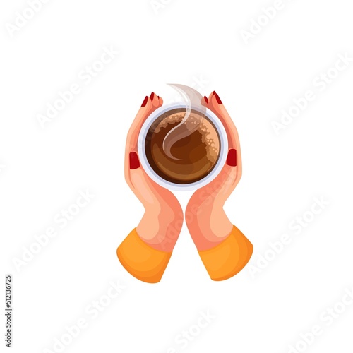 Hand holding coffee cup vector illustration. Cartoon woman drinking hot beverage with aroma steam on break in restaurant or cafe, top view of isolated two female arms with morning drink in glass mug