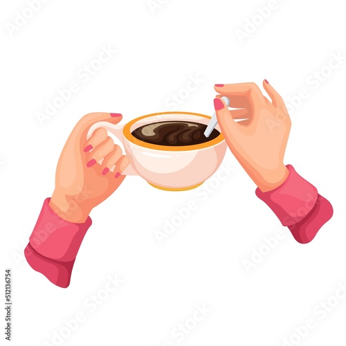 Hands hold cup of coffee or black tea and spoon to stir sugar in hot drink vector illustration. Cartoon person drinking isolated brown morning beverage with caffeine in cafe, shop, coffeehouse