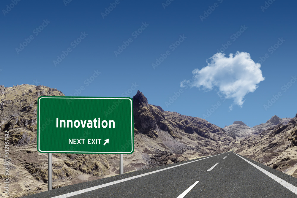 Highway sign with the word Innovation and a metaphoric road leading to future success. Highway sign with the word Innovation and a metaphoric road leading to future success.