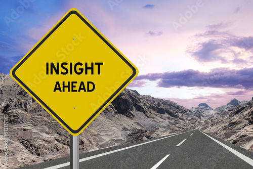 Yellow highway sign with the word Insight and a metaphoric road leading to future success.