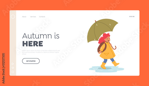 Autumn Day Landing Page Template. Happy Schoolgirl Walk under Umbrella. Smiling Baby Character in Raincoat and Boots