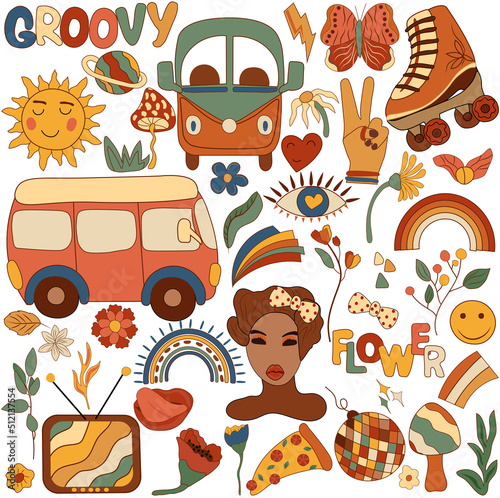 Groovy retro elements 70s, roller skate, flowers and leaves, mushrooms retro bus, rainbows, pin up girl, pizza and lettering. Colorful vintage hippy style. Positive stickers for your design.