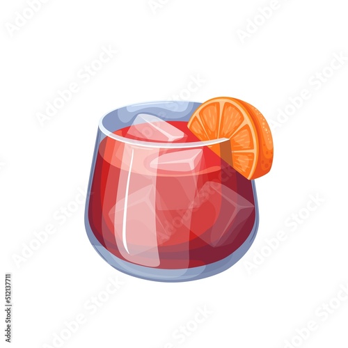 Bottle and glass with vermouth, cold alcohol drink for summer cocktail party vector illustration. Cartoon closed bottle from bar, isolated cup with alcoholic beverage, orange slice, ice cubes