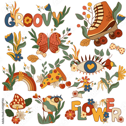 Positive compositions 70s groovy element, rollers skate with flowers and leaves, mushrooms with eye, rainbows, pizza and lettering. Colorful vintage hippy style. Vector illustration