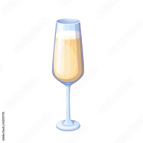 Glass with champagne, luxury alcohol drink with bubbles vector illustration. Cartoon isolated sparkling alcoholic grape wine in clear wineglass