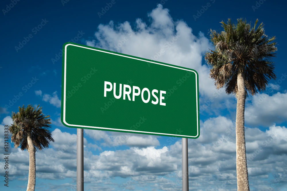 Fototapeta premium Highway sign with the word Purpose on a beautiful blue sky background with palm trees. Motivational concept for finding what we want on the journey of life.