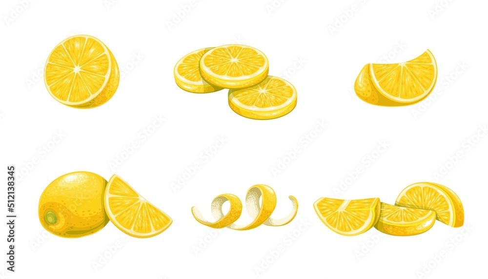 Lemon set vector illustration. Cartoon whole summer citrus fruit, cut in half, lemon slices and pieces for lemonade, yellow swirl zest, isolated fresh and sour food ingredient for cooking and eating