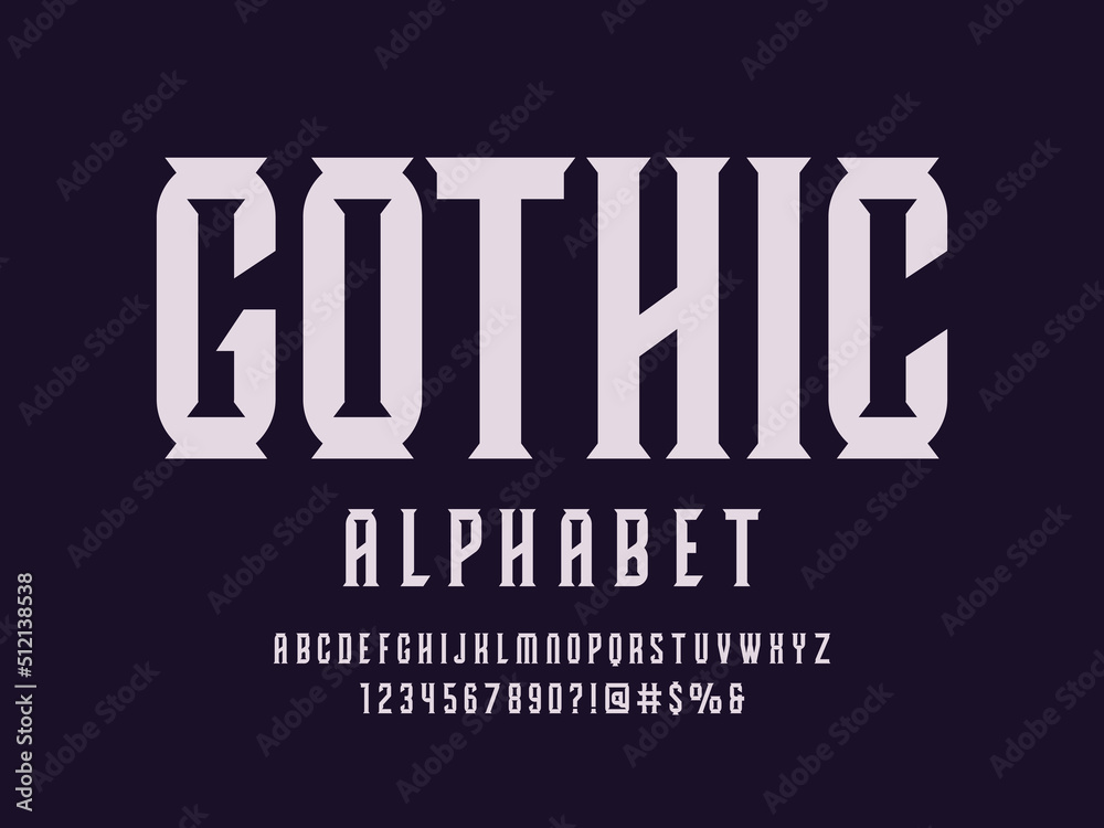 Modern Gothic style alphabet design with uppercase, numbers and symbols