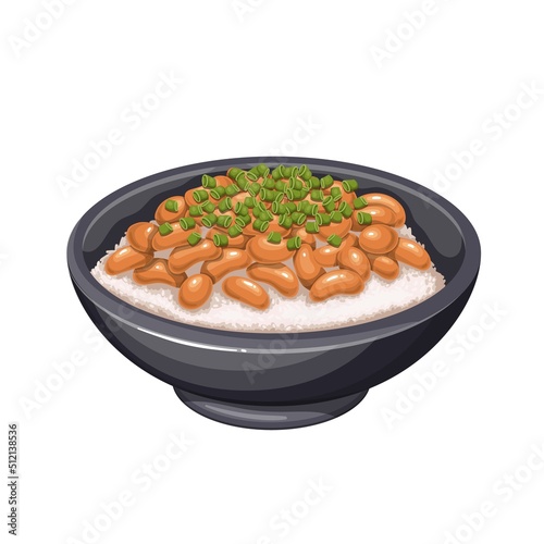 Natto, Japanese cuisine vector illustration. Cartoon isolated bowl with cooked rice and sticky fermented soybeans with chopped green onion, protein and probiotic food from beans of soya for gut health