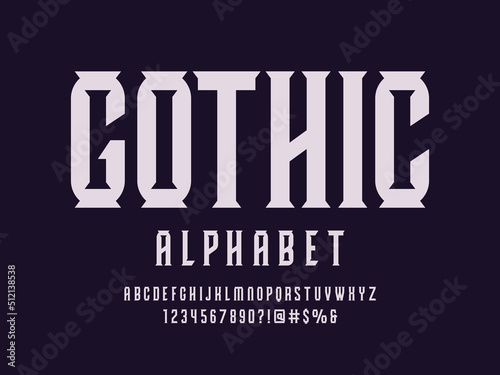 Modern Gothic style alphabet design with uppercase, numbers and symbols