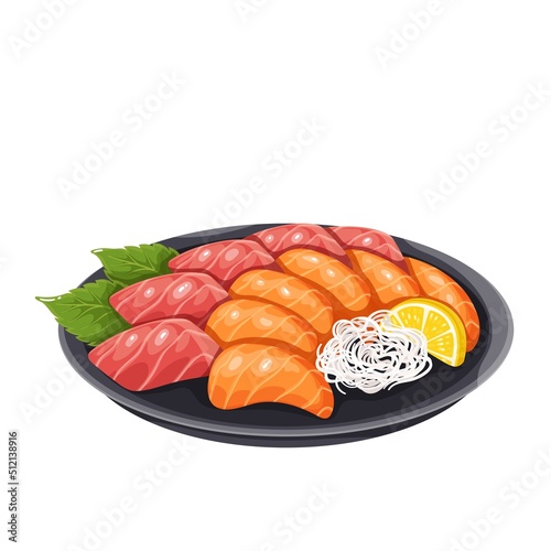 Sashimi, Japanese food vector illustration. Cartoon isolated plate with salmon and tuna slices, sliced pieces of raw fish and meat for eating with soy sauce, dish from menu of Japan sushi restaurant